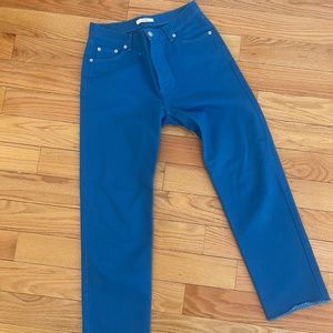 Celine Royal Blue Cotton Denim Jeans Woven Pant Button Fly Cropped 36 S